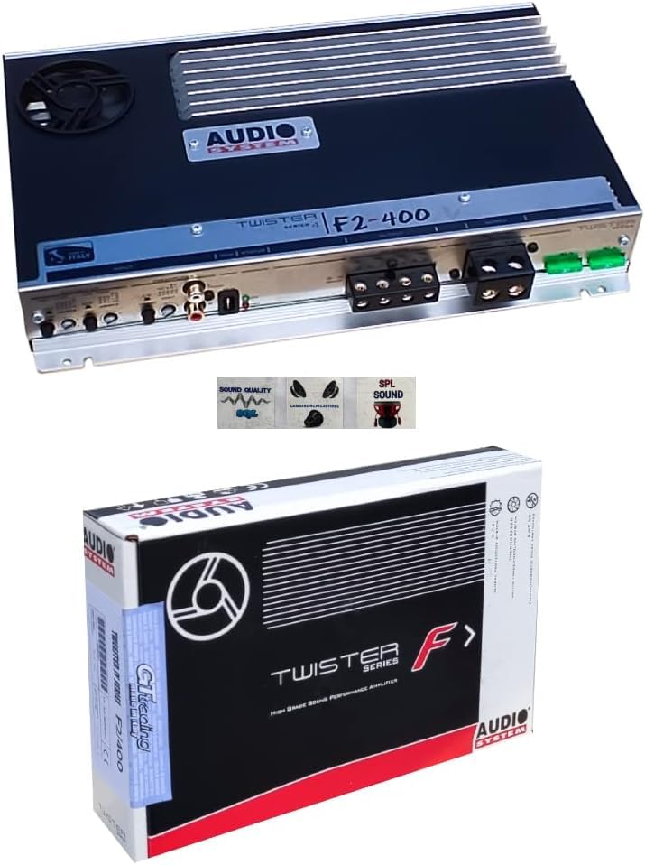 KIT SET PER AUDIO SYSTEM F2-400, 1 amplificatore 2 canali 2 x 280 watt rms a 2 ohm, spl, bagagliaio, cofano, auto, 1 pezzo + 3 sticker omaggio