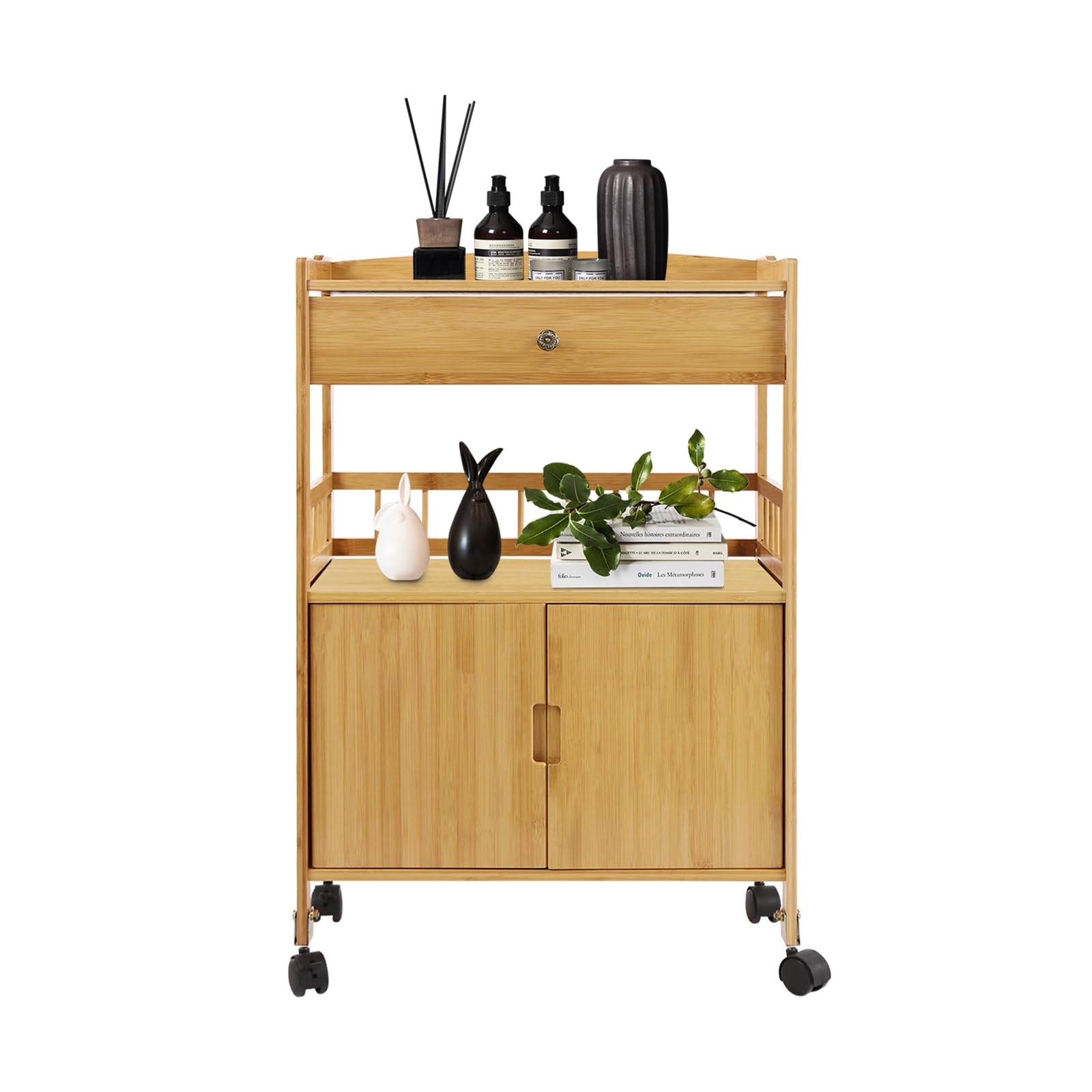 Carro de bambú con 4 ruedas, compartimento para armario, cesta, cajones, puerta de armario, carrito de cocina, carrito de servicio, carrito de baño, para almacenamiento, microondas, especias,
