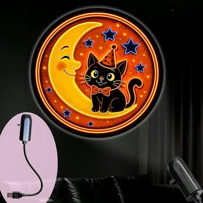 Portable Projector Lamp USB Powered Featuring Cute Cartoon Moon and Black Cat with Party Hat and Stars for Home Ambiance