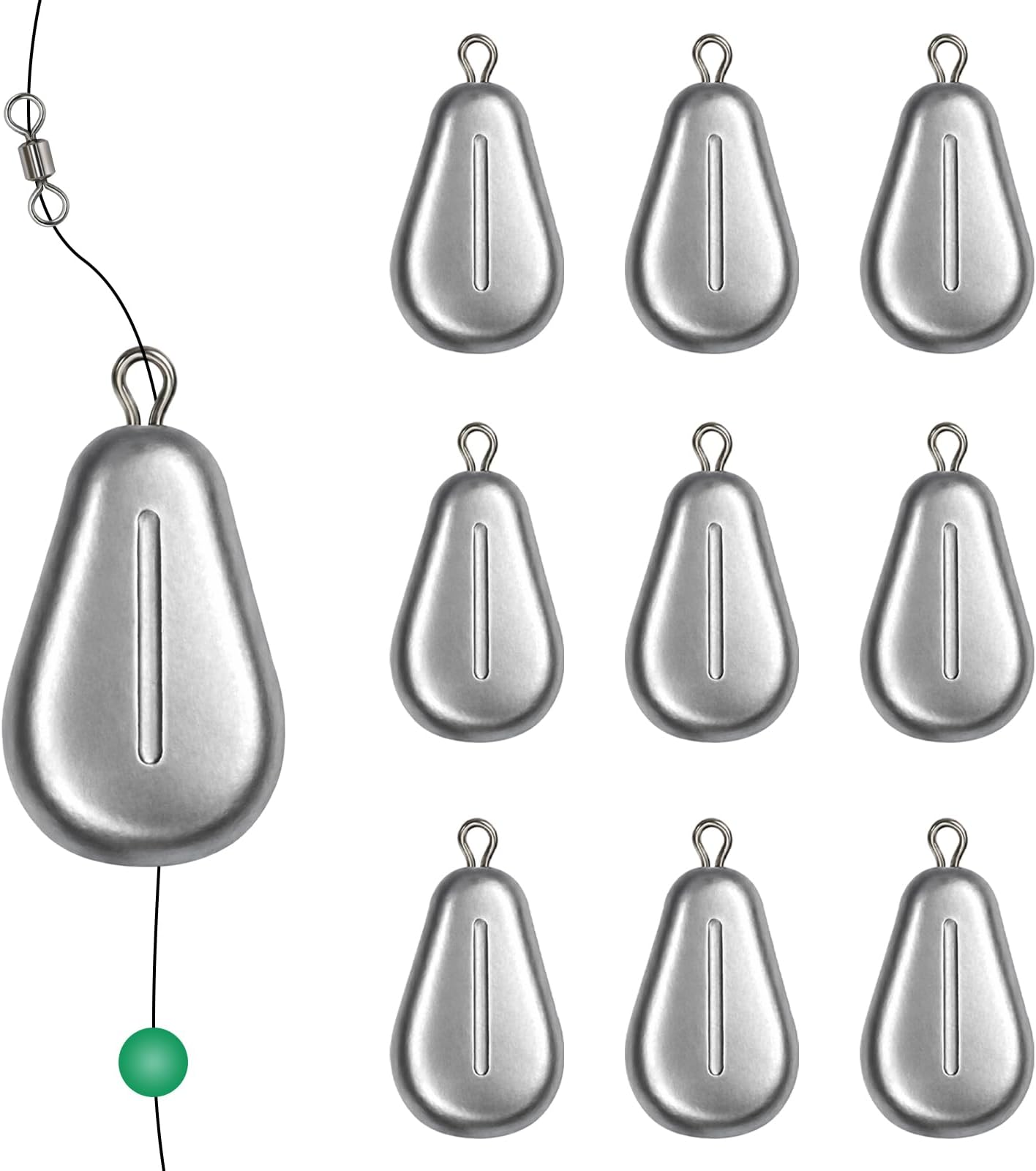 10pcs Fishing No-Roll Sinker Fishing Lead Weights Fishing Sinker Weights Assorted 10g 30g 50g Olive Heart Bass Casting for Catfish Rig, Surf Fishing