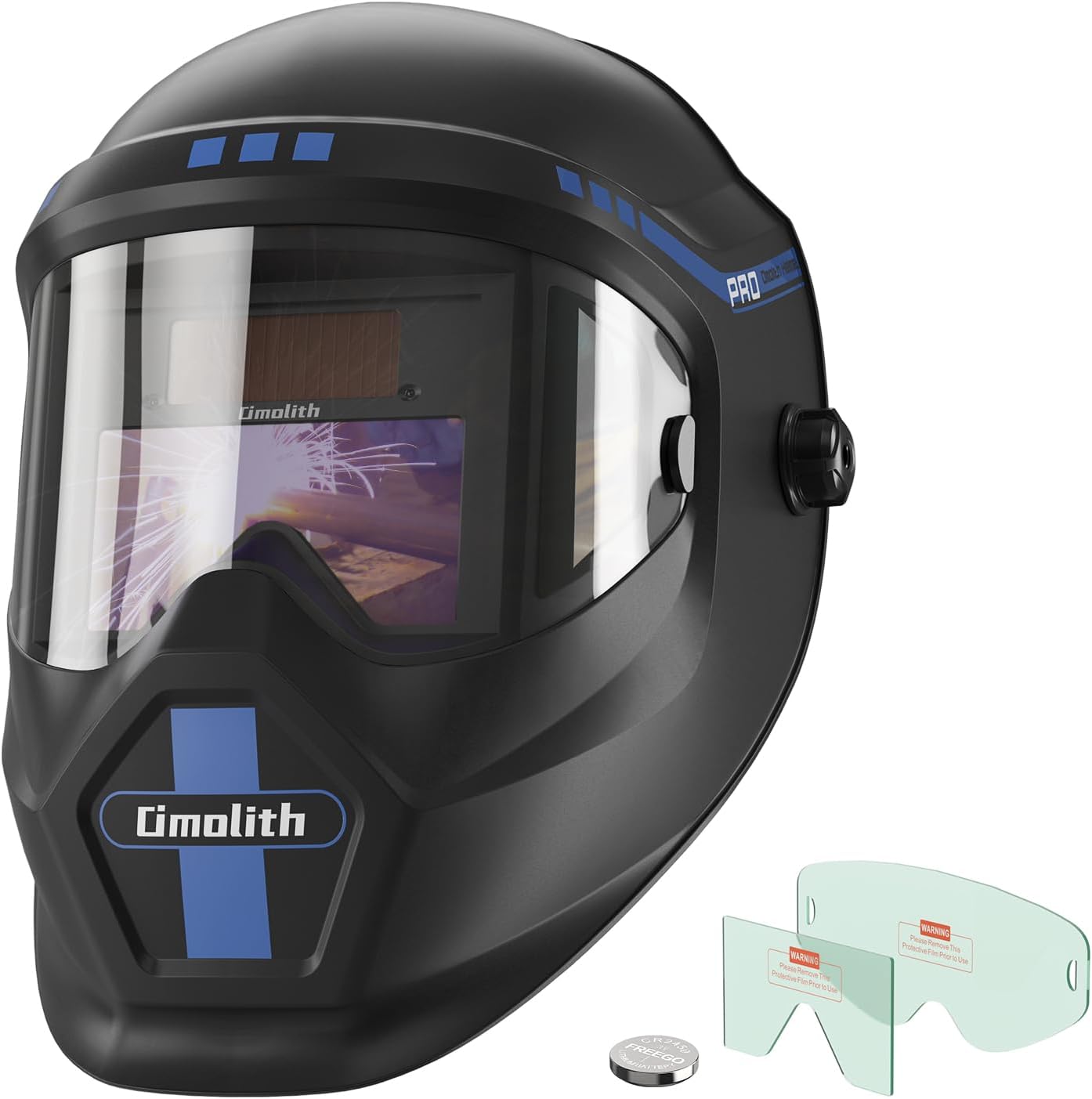 Omolith 4.33"X2.36" Anti Fog Up Large View Auto Darkening Welding Helmet with SIDE VIEW, 1/1/1/1 True Color，Solar Powered Welding Hood,4/9-13 Welder Mask for TIG MIG ARC