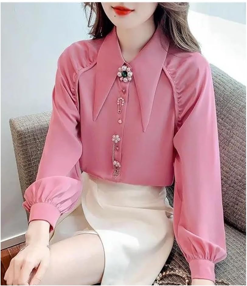 Women Spring-Autumn Lapel Long Sleeve Shirt Solid Color Fashion Beading Diamonds Button Blouse Tops