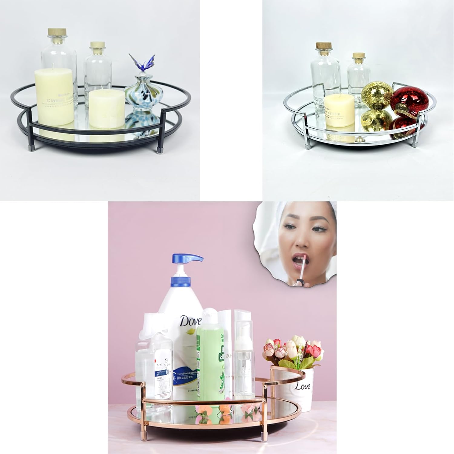 Round 12" Silver Mirror Decor Tray, Plateau,bandeja, Metal Mirror Serving & Glass Vanity & Decorative & Bathroom Counter & Perfume & Jewelry Tray, for Dresser Decor Home Decorative (Sliver)