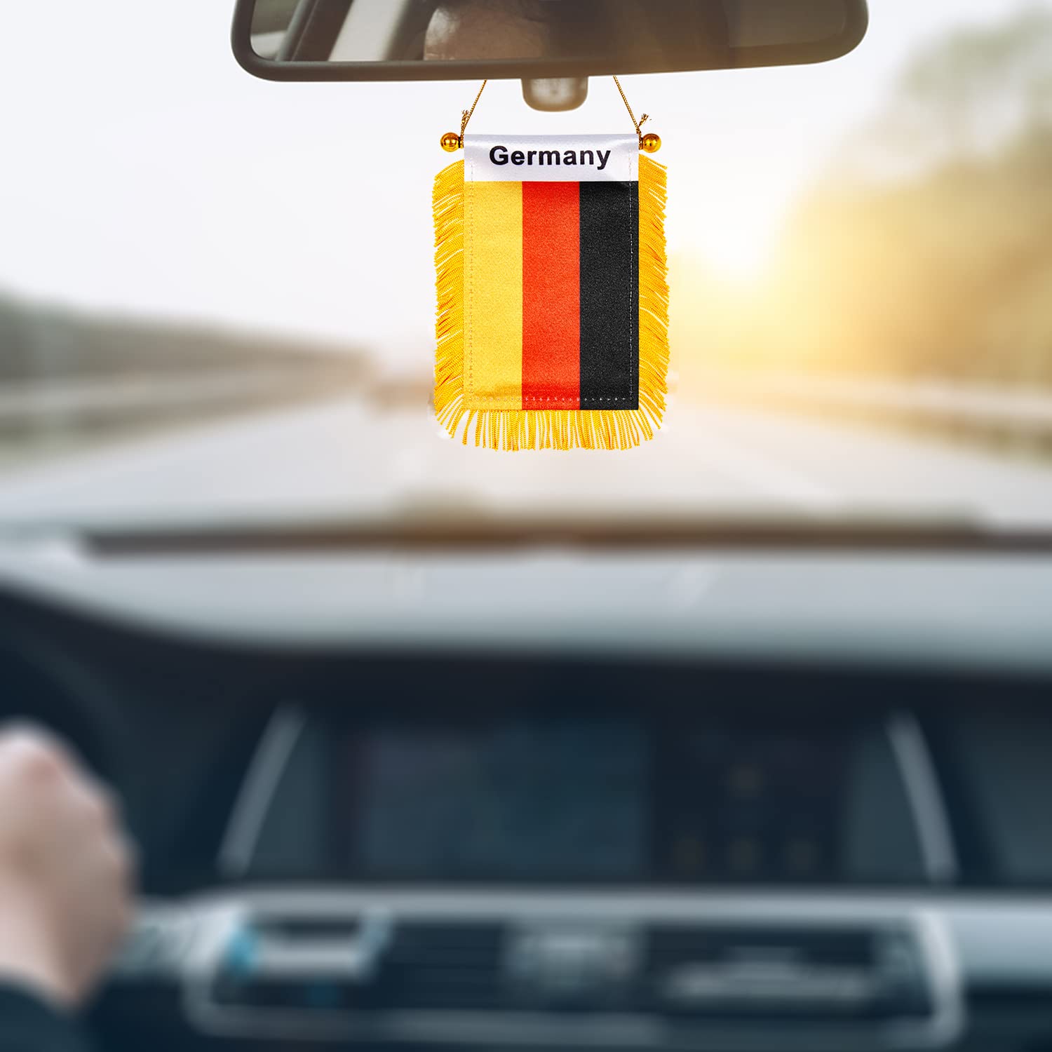 WXTWK 3 X 5 Inch Germany Flag German Window Hanging Flag Small Mini Car Flags Banners Rearview Mirror Decoration With Suction Cup Golden Fringy Banner