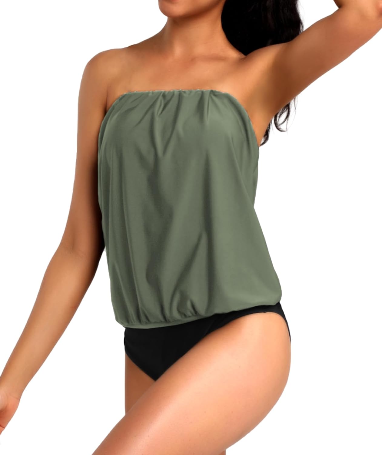 Two Piece Bandeau Tankini Swimsuits for Women Loose Blouson Swim Top with Bikini Bottom Tummy Control Bathing Suits - Image 2