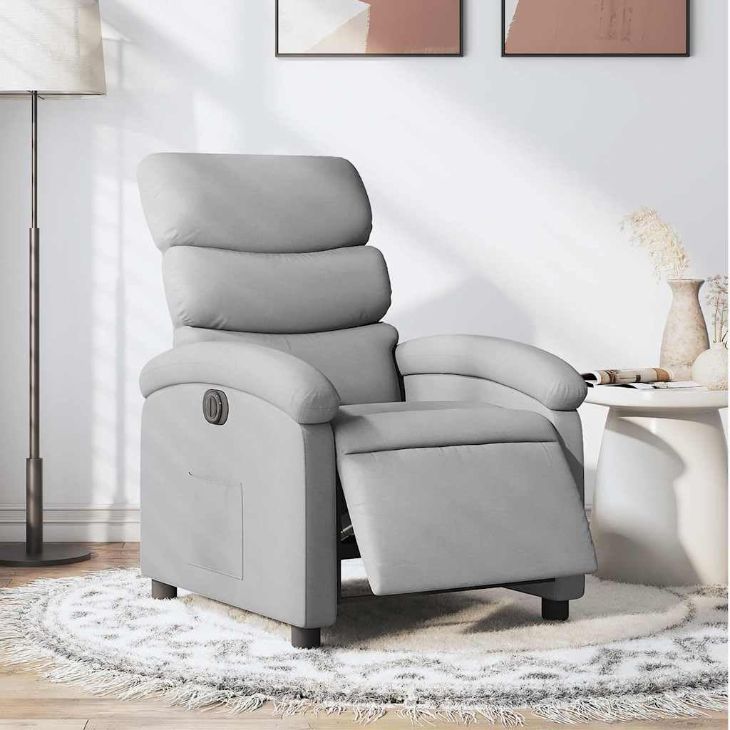 Elektryczny fotel relaksacyjny, jasnoszara tkanina, regulowany z silnikiem, kąt nachylenia 135°, kieszeń boczna, do salonu, sypialni, 70 x 92 x 99,5 cm