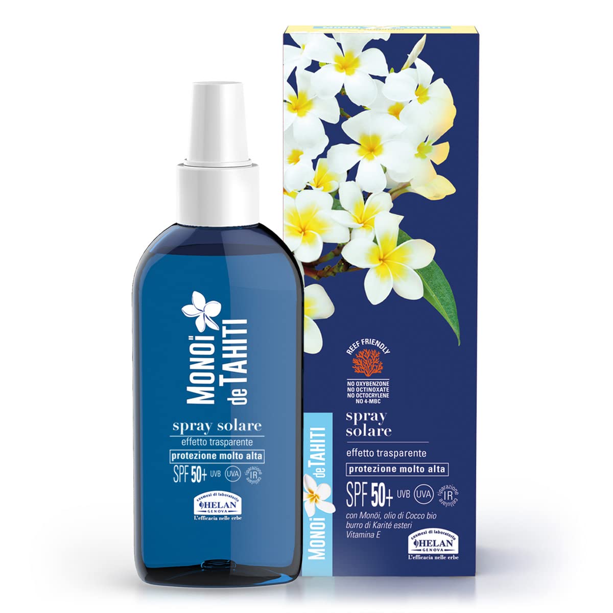 Helan, Monoï de Tahiti - Sunscreen Spray 50+ Body Transparent, Sunscreen with Coconut Oil, Pure Shea Butter Esters and Vitamin E, Sun Protection 50+ SPF Very High, Non-Greasy and Non-Smudging, 150 ml