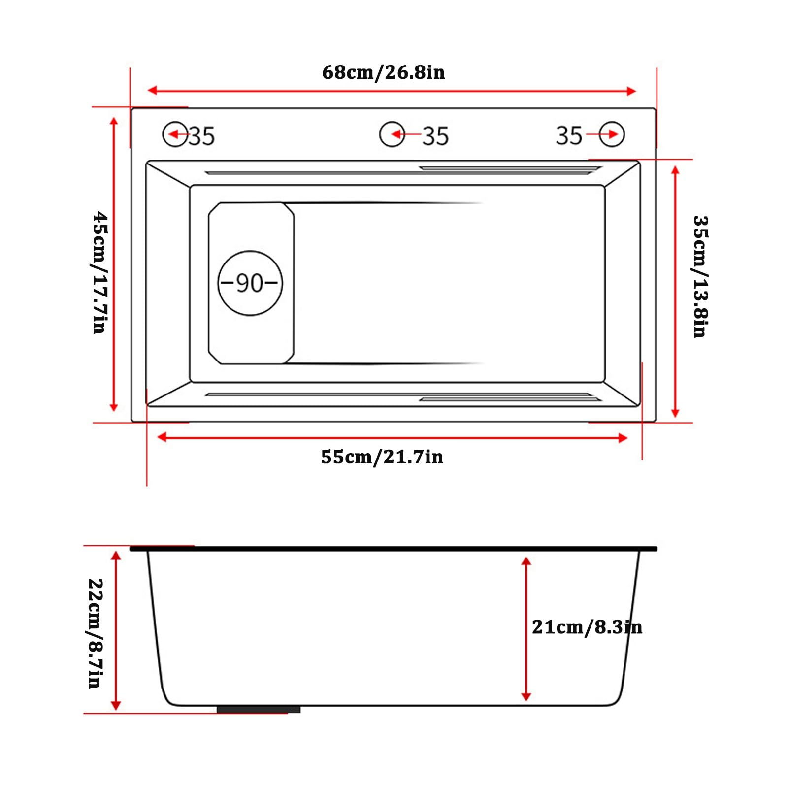 Fregadero De Cocina Negro De Una Cubeta Fregadero De Acero Inoxidable 304 Con Grifo Extraíble Desagüe Izquierdo Kit De Instalación Completo Incluido(68x45x22cm)