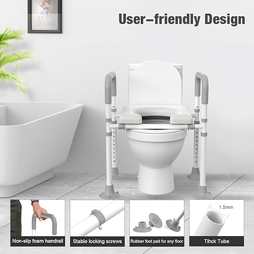 Miniatura 7 de Asiento de inodoro elevado con asas elevadores de asistencia de inodoro ajustables para personas mayores, soporte de asiento de inodoro elevado de