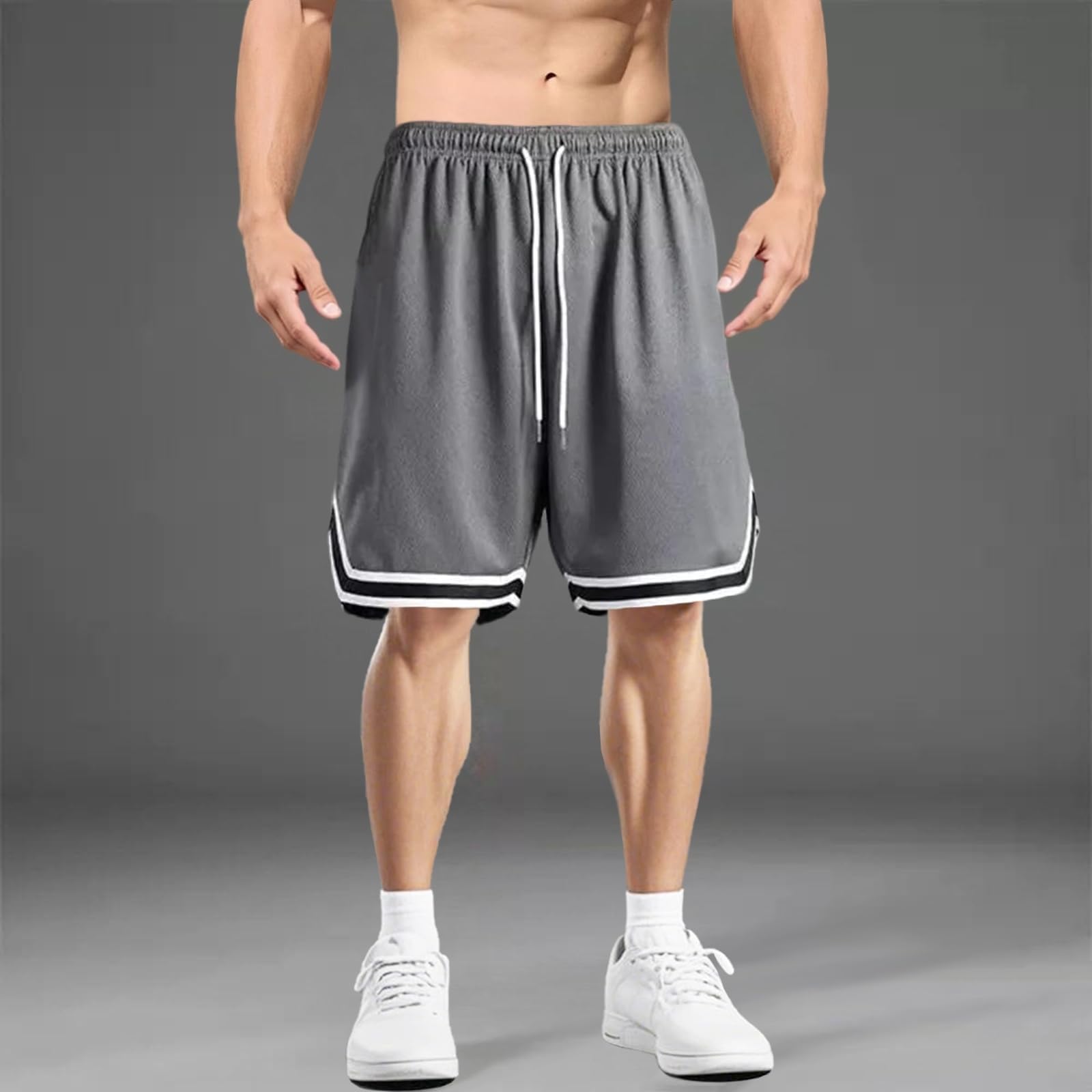 Mens Striped Quick-Dry Workout Shorts Moisture-Wicking Elastic Waist Pockets for Gym Running Sports Classic Black