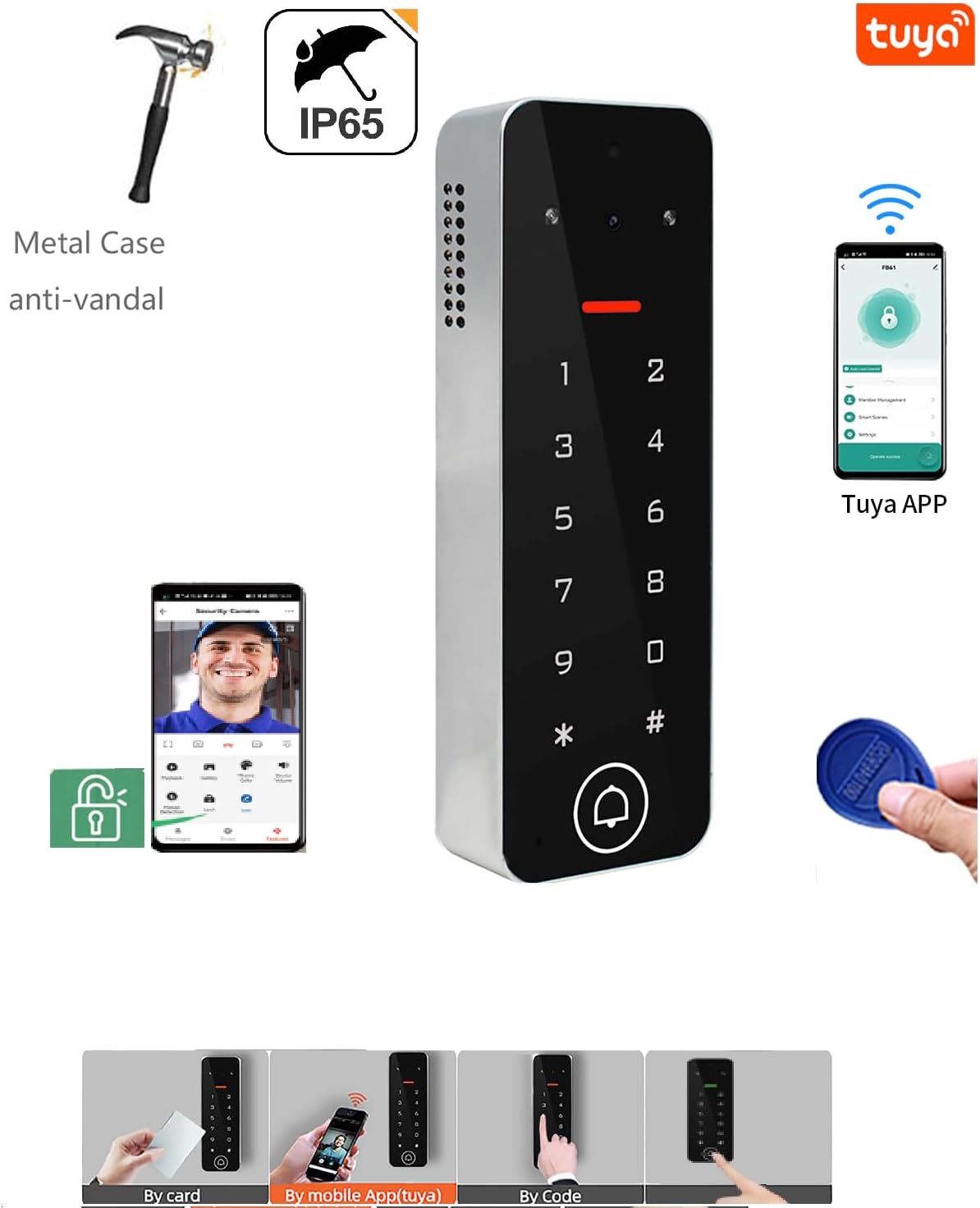 Vcontrol 4K MF device with icons for anti-vandal, IP65, Tuya app, and various access methods (card, app, code)