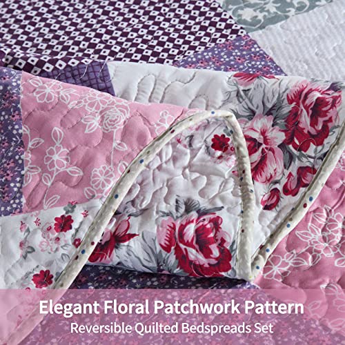 Qucover King Quilt Bedding Set 3-Piece Super Soft Microfiber Reversible Purple Quilt King Size, Lavender Little Rose Purple Quilt Bedspreads With 2 Pillowcase, 98X106 Inch #TOP2