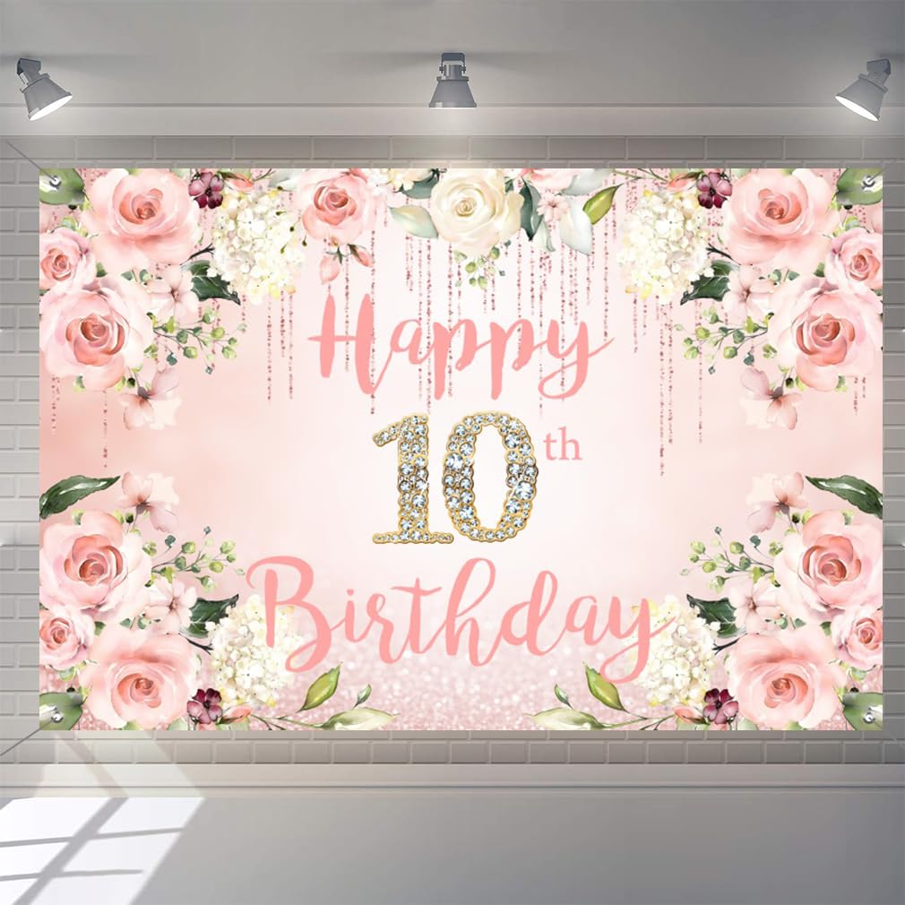10th Birthday Decoration for Girls, 10 Years Old Fabric Sign Poster Background Backdrop Banner, 10th Birthday Party Wall Decoration Welcome Sign Watercolor Flowers, 150 cm x 90 cm