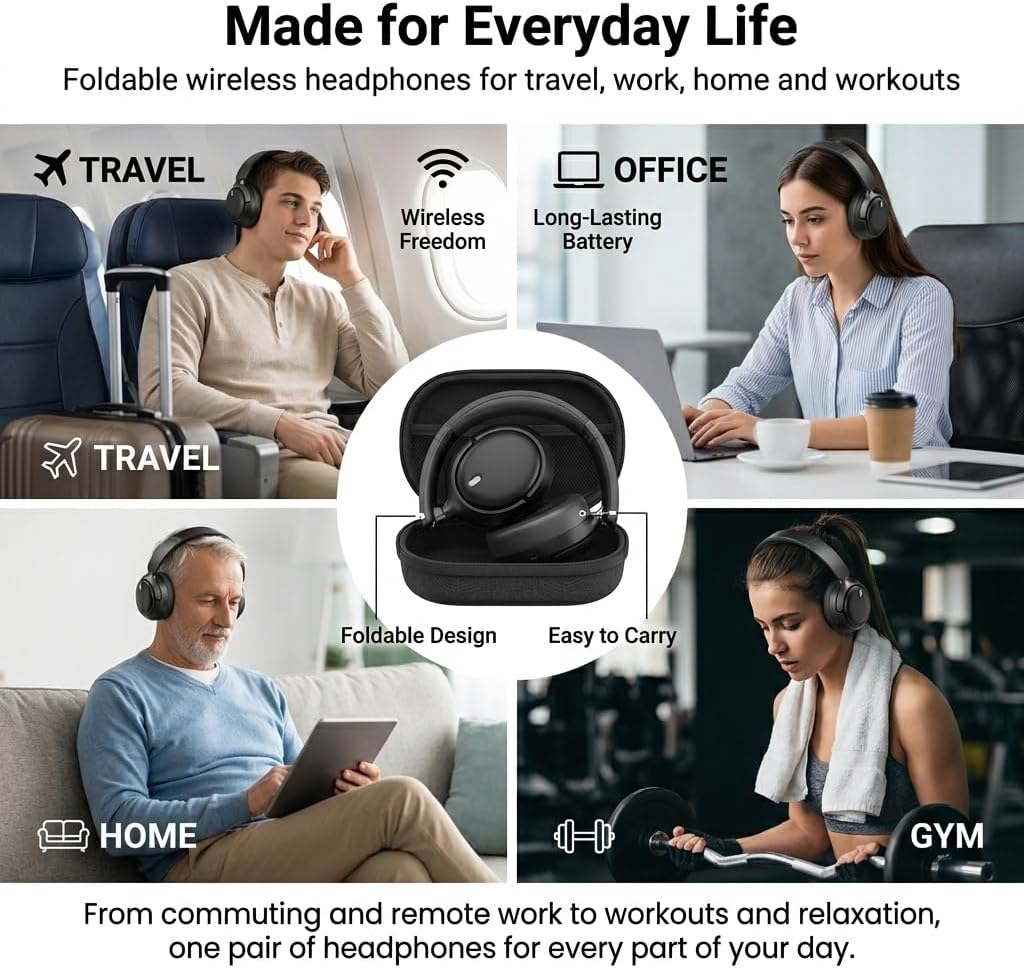Voistek Hybrid Active Noise Cancelling Headphones, Wireless Bluetooth Over Ear Headphones with 50mm Drivers, Deep Bass Hi-Fi Stereo, 60H Playtime, Foldable for Travel, Home, Office, Gym