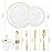 WELLIFE 210 Piece Gold Plastic Dinnerware Set, Include: 30 Dinner Plates, 30 Dessert Plates, 30 Pre Rolled Napkins with Silverware and 30 Cups