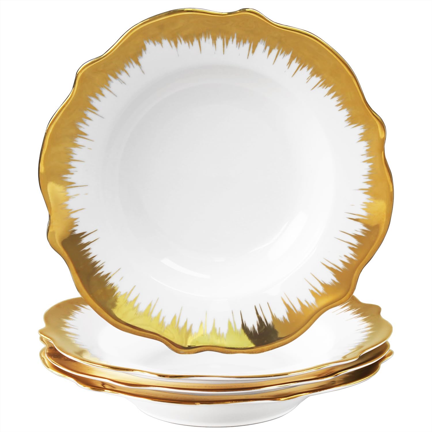 Rimmed Soup Plates, Pasta Bowls, Golden light pattern White Salad Bowl Set of 4, 5.0 Oz Porcelain Wide Rim Bowls, Best for foodies and restaurants (Rimmed Soup Bowls, 8.5Inch)