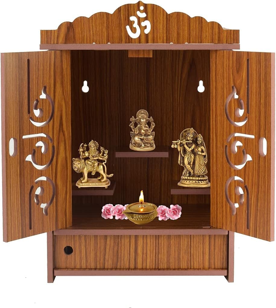 Webelkart Handcrafted Wooden Temple with Doors and Storage Box | Wall Hanging Pooja Mandir for Home and Office | Spacious Puja Ghar Design – 71.1 cm Tall