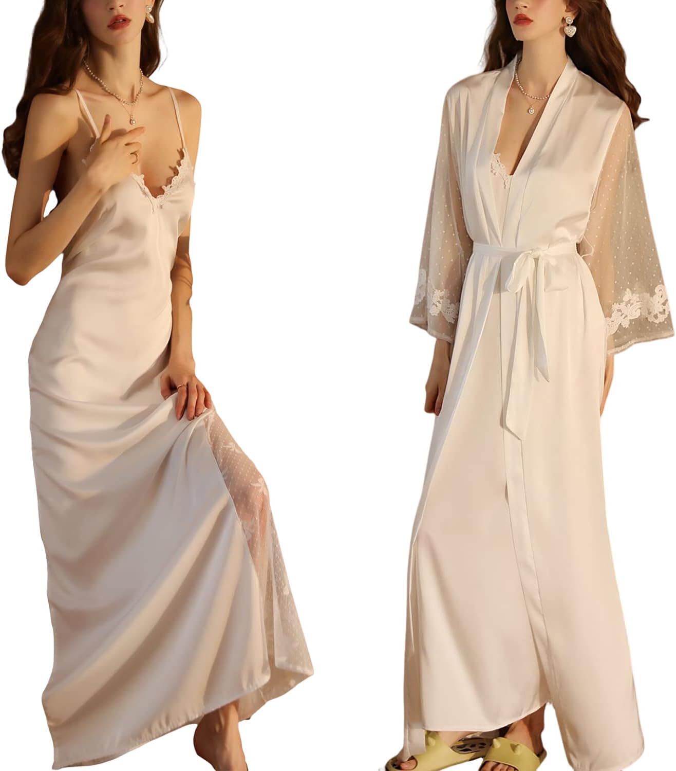 Satin Robes Set Women's Silk Robe for Women with Nightgown 2 Piece Sleepwear Dress Sexy Lace Nightwear
