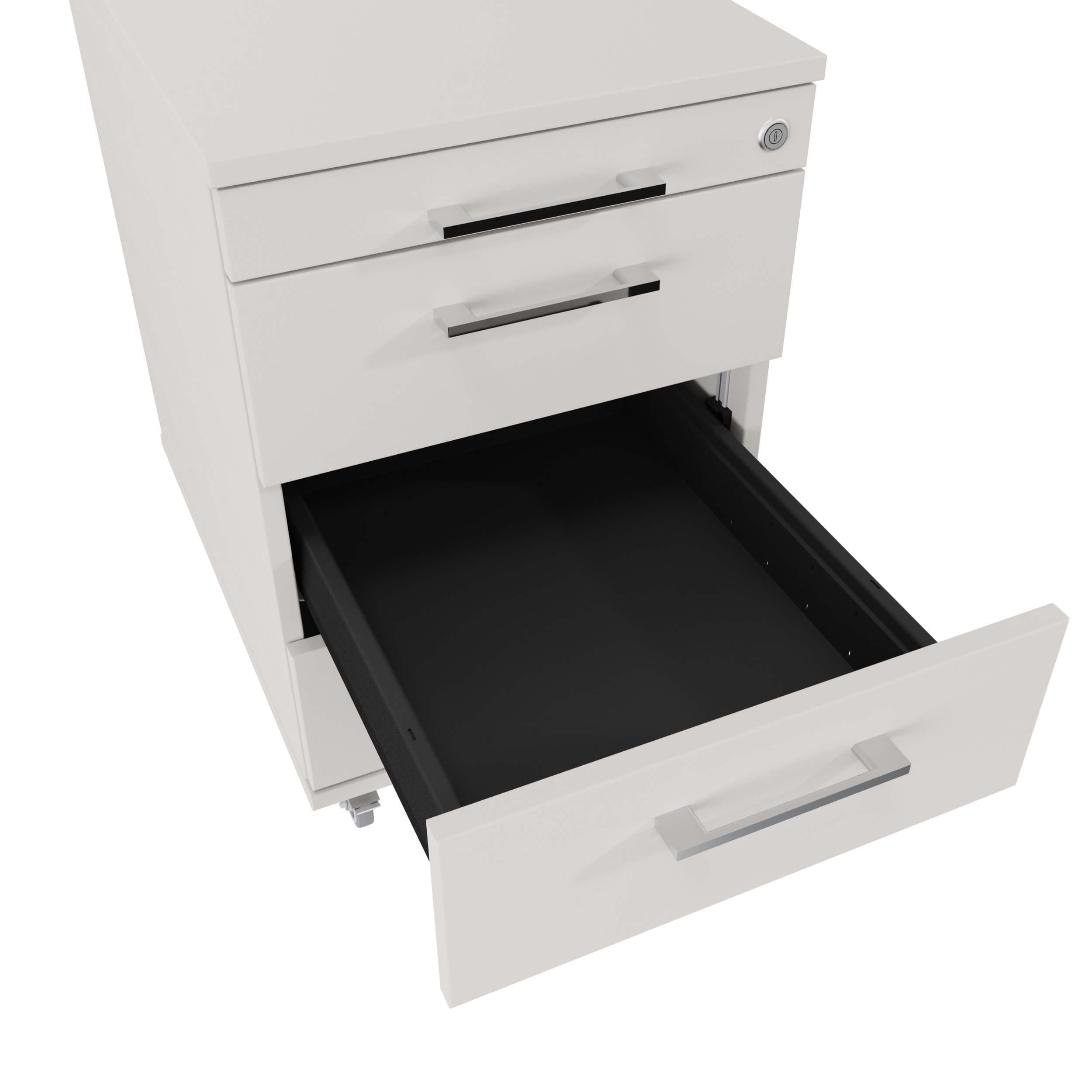 Eigentlich Rollcontainer mit 3 Schubladen und Materialauszug, Büroschrank rollbar B43 x T60 x H65 cm versch. Farben, Schreibtischunterschrank abschließbar, hauseigene Fertigung (Lichtgrau)