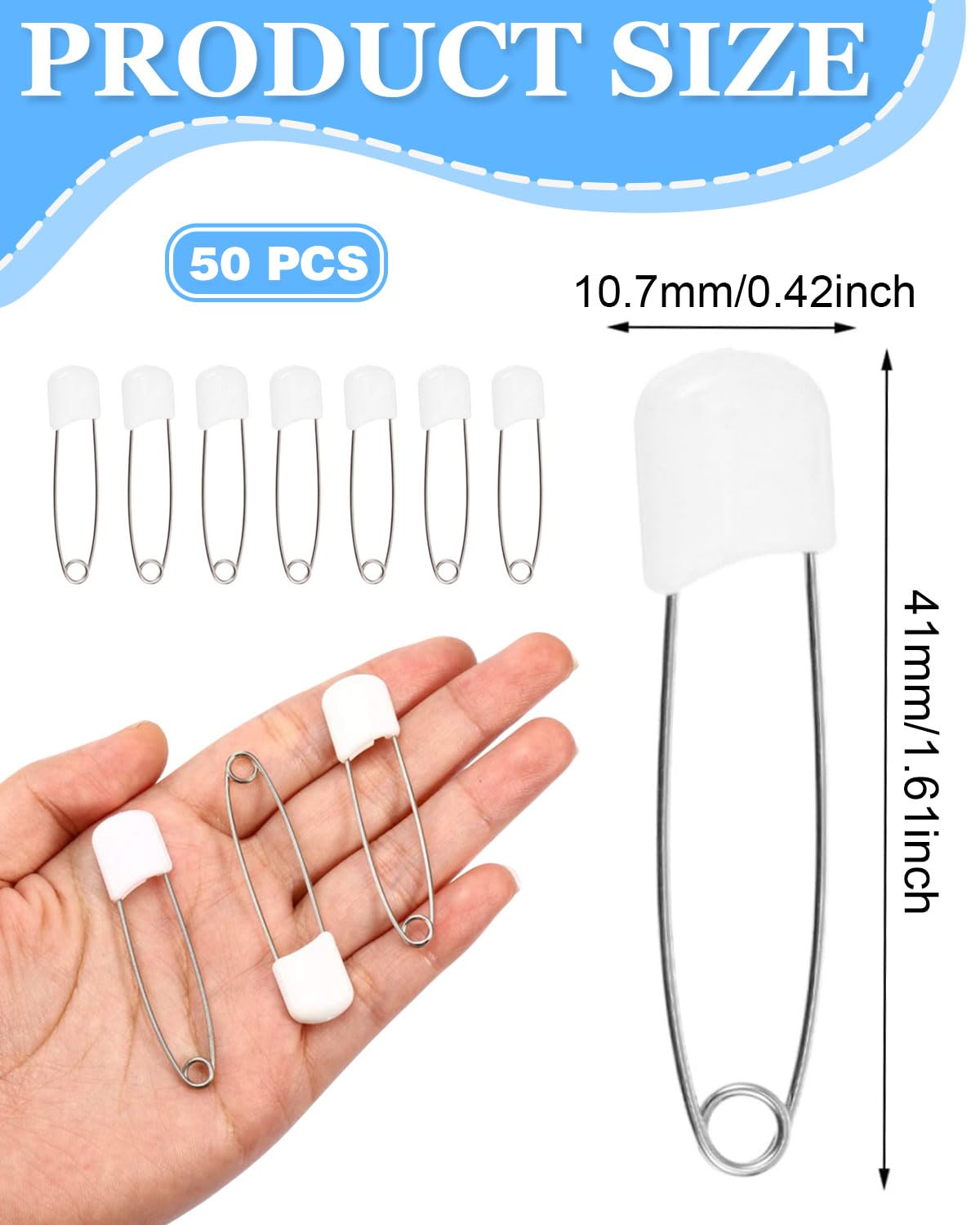 Spille da balia in acciaio inox 40 mm con chiusura a blocco, 50 pezzi, bianco
