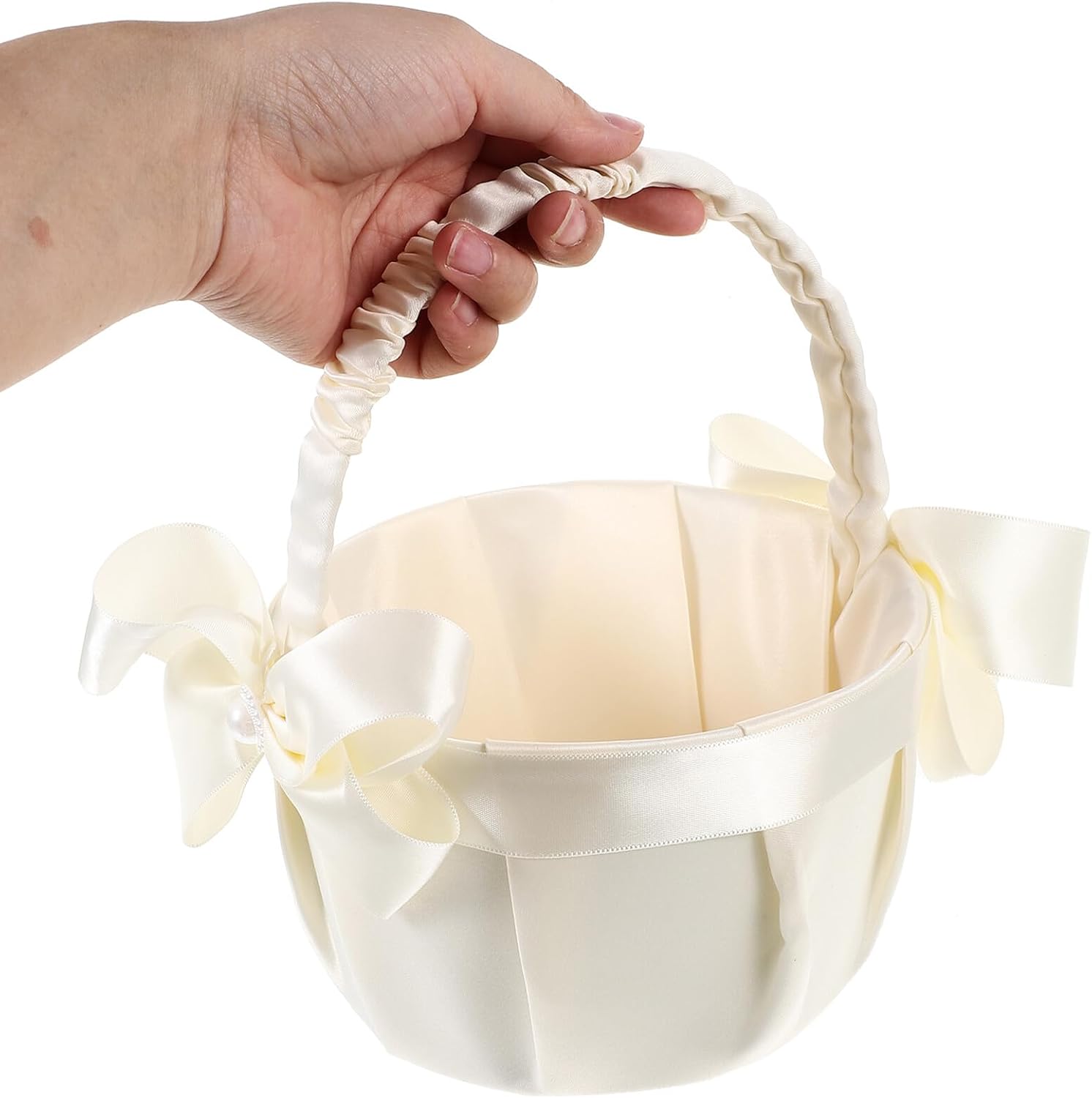 Ciieeo Wedding Flower Basket with Satin Bowknot, Handheld Lace Flower Girl Basket for Wedding Party Supplies and Ceremony Decor