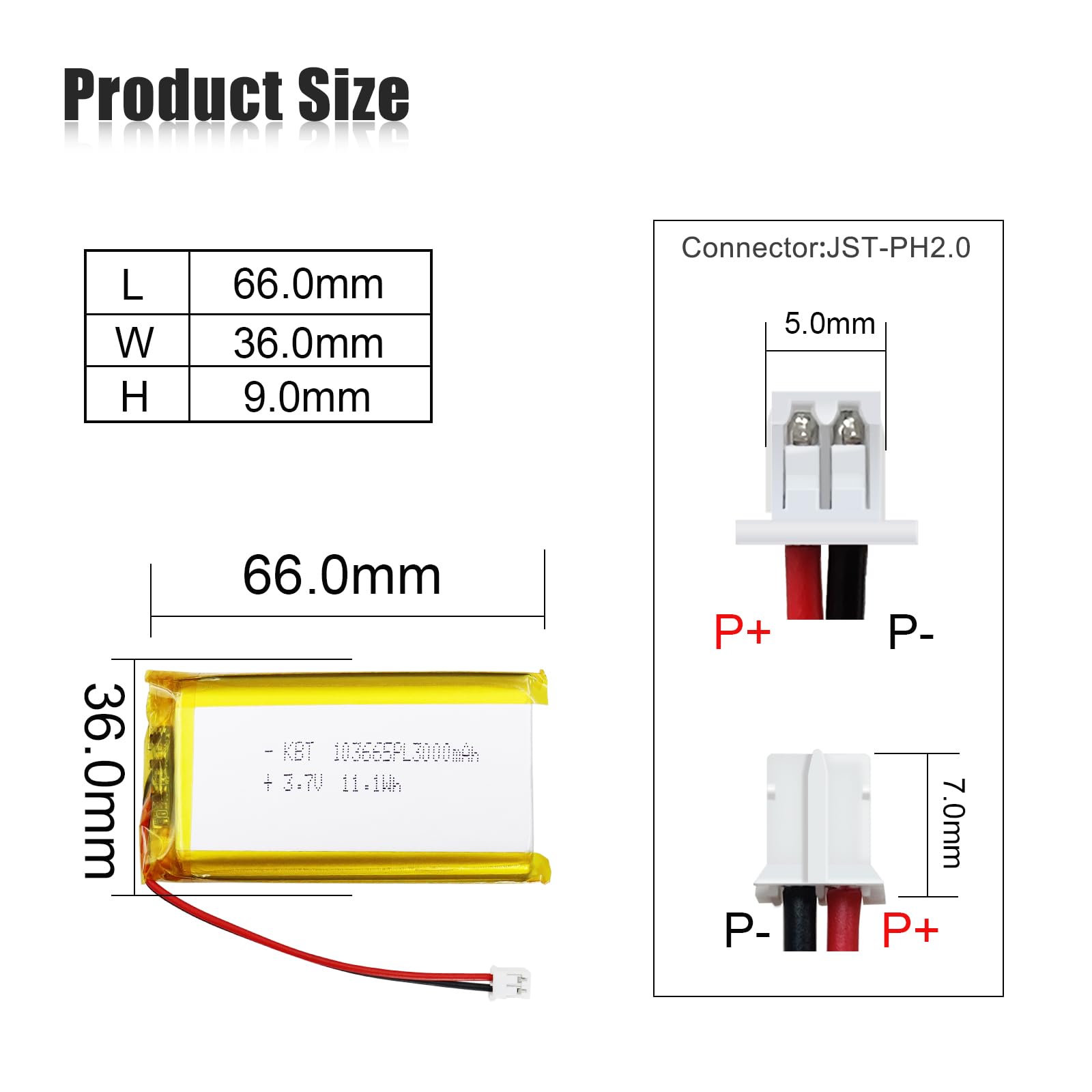 Amazon.com: KBT 3.7V 3000mAh 103665 LiPo Battery with PH 2.0mm