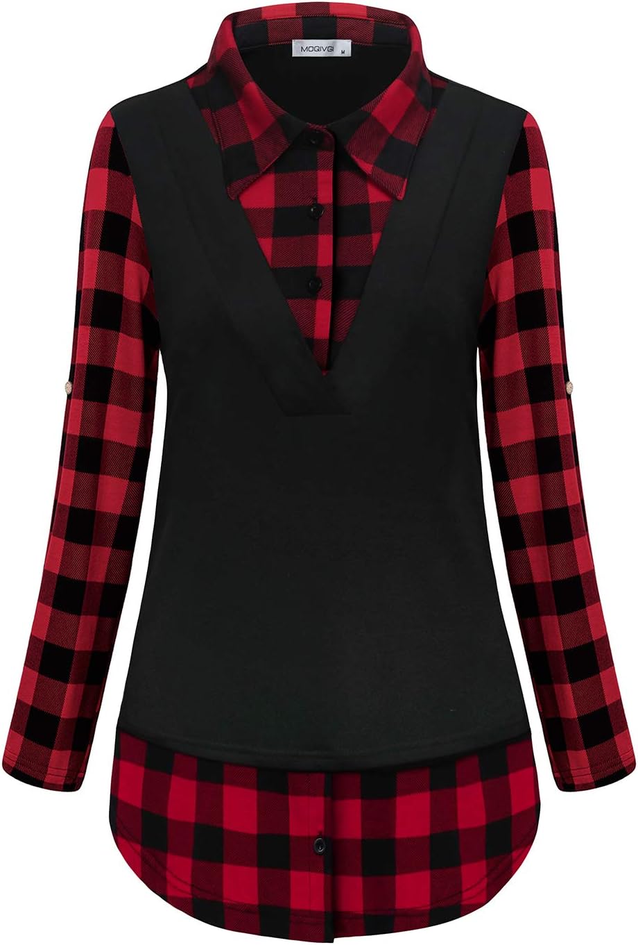 MOQIVG Womens Long Sleeve Contrast Collar Shirts Trendy Casual Plaid Patchwork Tunic Tops - Image 2