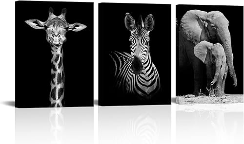 Visual Art Decor Lienzo africano de vida silvestre en blanco y negro, arte de pared con diseño de animal cebra, jirafa, elefante, retrato artístico,