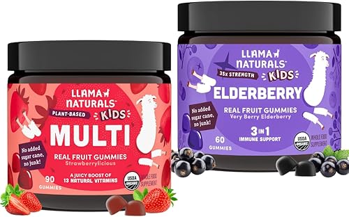 Llama Naturals Paquete de gomitas multivitamínicas para niños + gomitas de saúco Sin caña de azúcar añadida Veganas Orgánicas 2 botellas