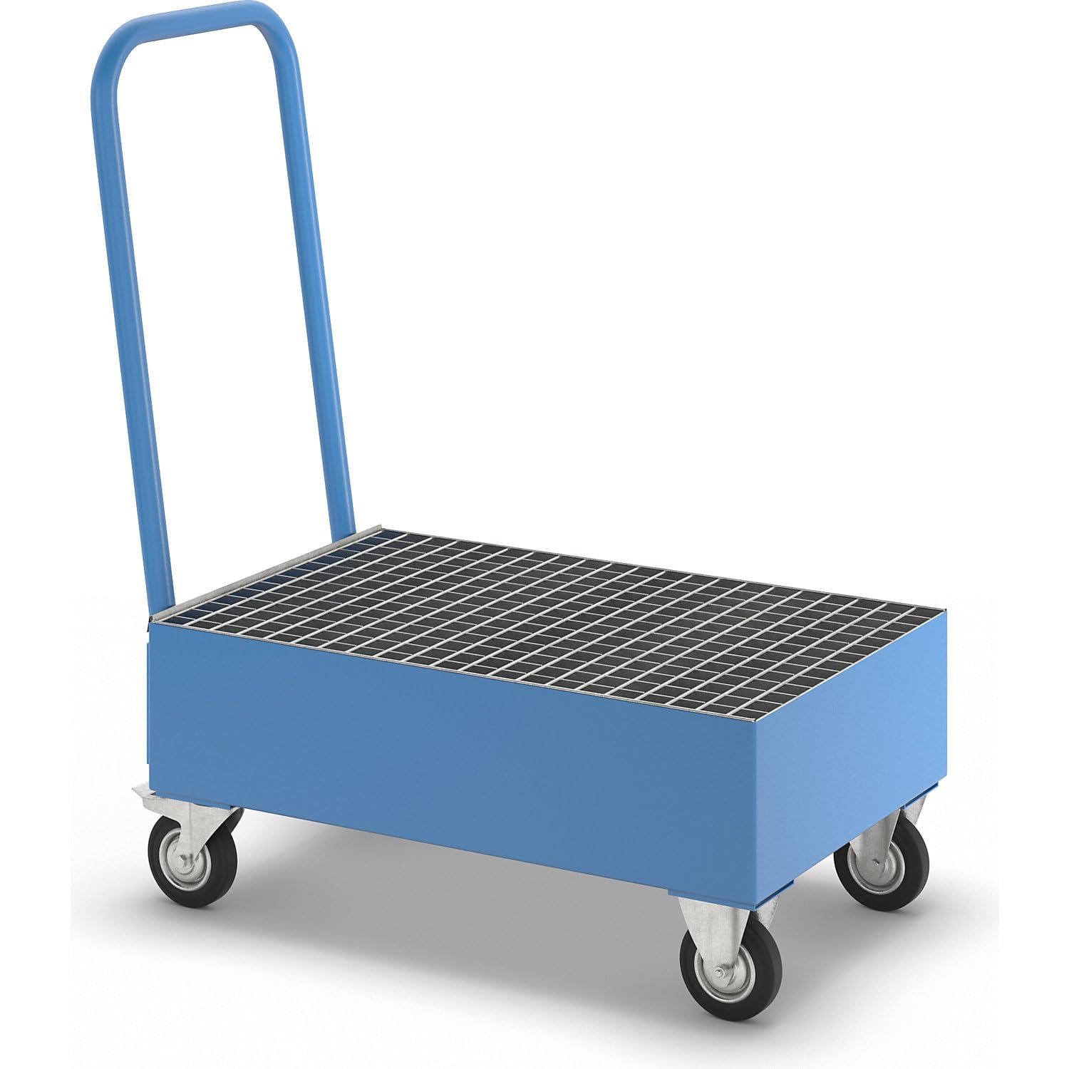 eurokraft | Fahrbare Auffangwanne aus Stahlblech | LxB 800 x 500 mm | 2 x 60-l-Fass stehend | Blau RAL 5012