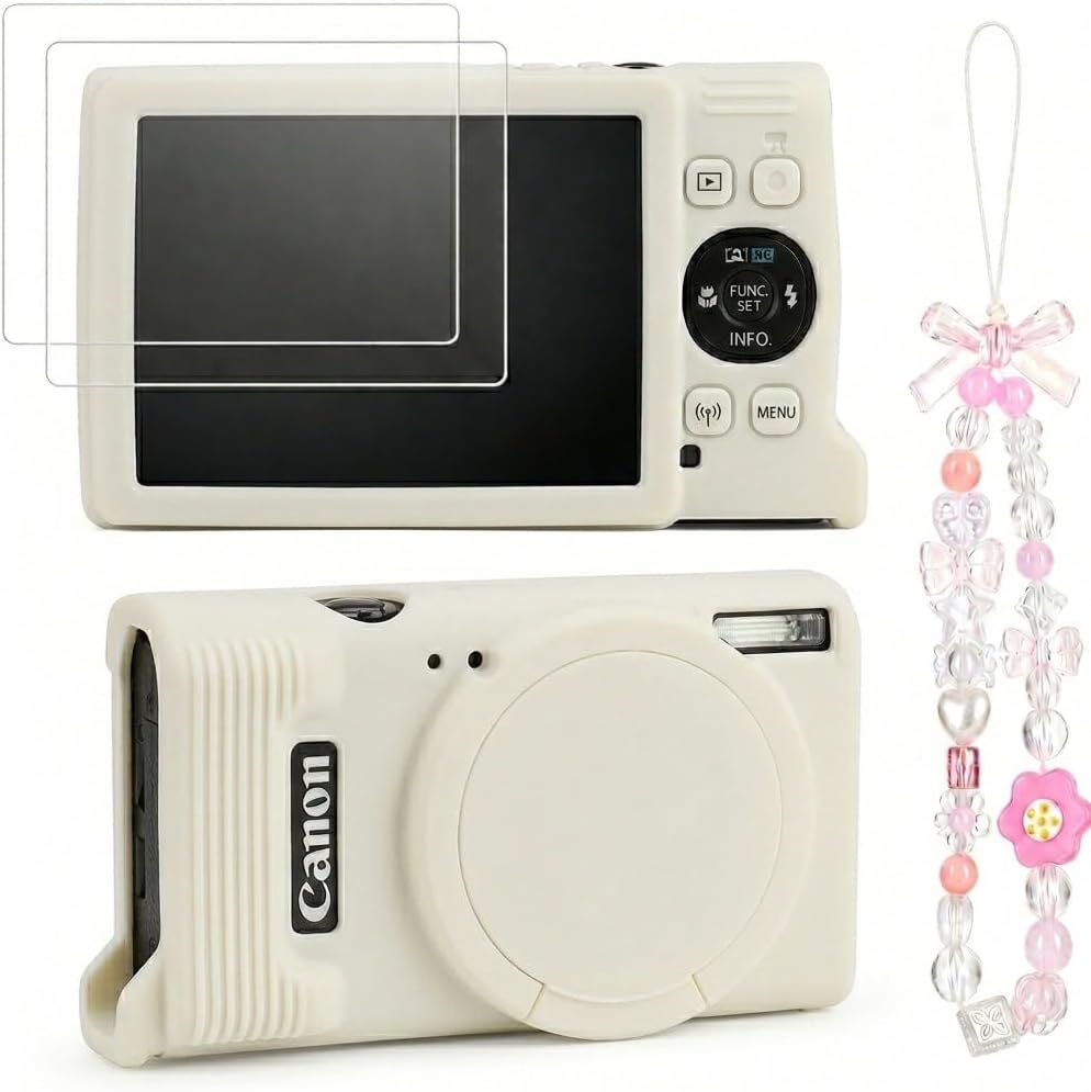 Case for Canon PowerShot ELPH 360/IXY 650 with Cute Charm Wrist Strap and Screen Protector, Built-in Lens Cap Silicone Protective Cover for Canon ELPH 360 HS/IXY 650 - Beige