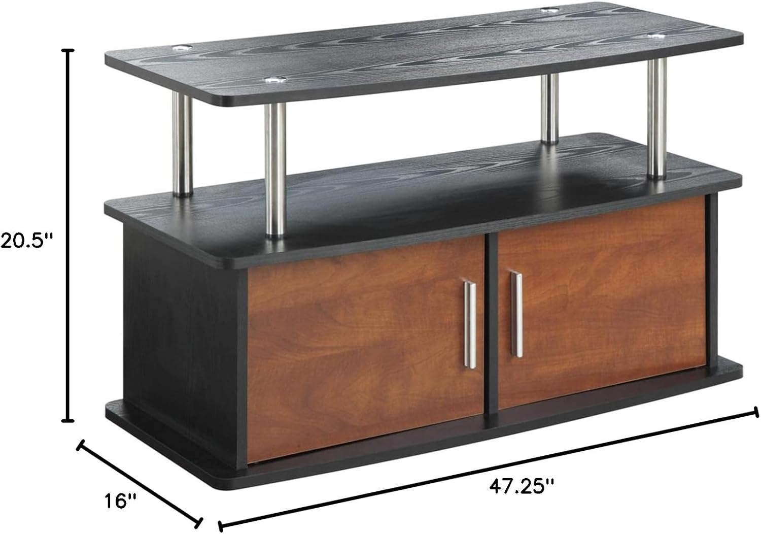Cherry Wood 35.5'' TV Stand with Stainless Steel Accents and Cabinet Storage