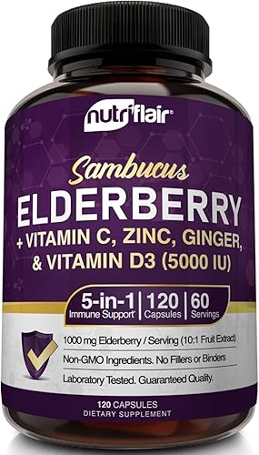Miniatura 9 de NutriFlair Sambucus Saúco, 120 cápsulas vegetarianas  Apoyo inmunológico 5 en 1 y suplemento antioxidante con vitamina C, vitamina D3 5000 UI, zinc,