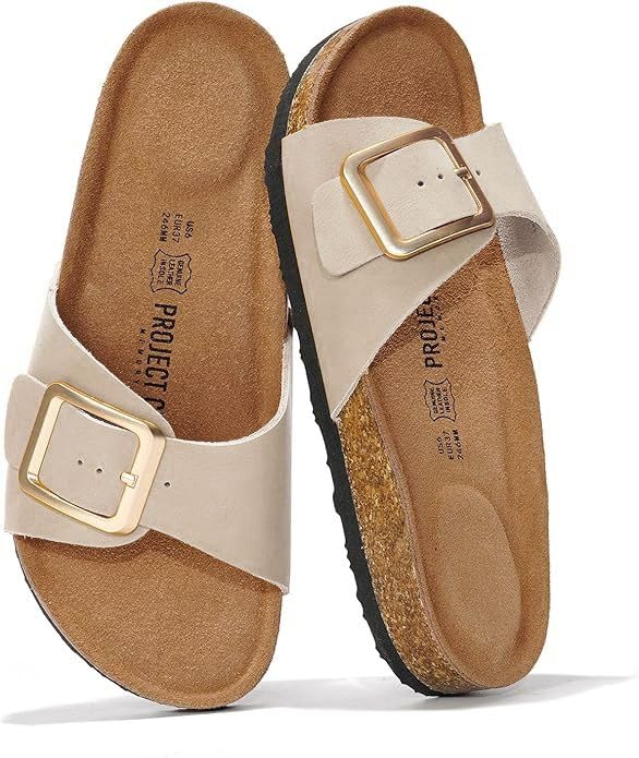 Project Cloud 100% Genuine Leather Sandals Women Dressy Beach Essentials Slides for Women Footwear-Lightweight with Memory Foam Insole Sandals for Women 2026-Womens Slides (Ibiza, Nude, 6)