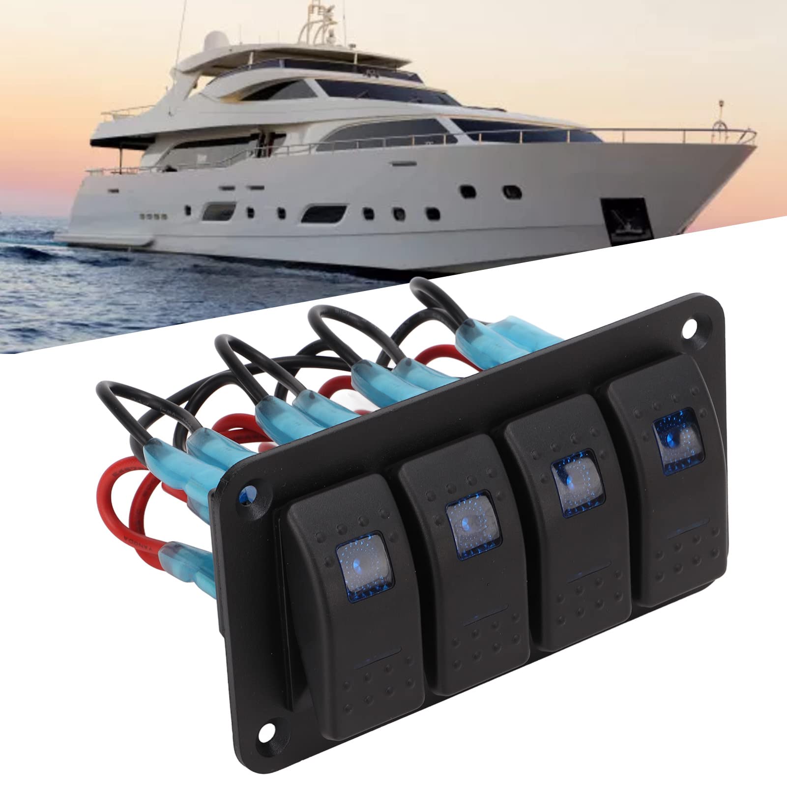 Interruptor basculante, panel de interruptor basculante de 4 bandas Protecciones múltiples LED azul retroiluminado IP65 a prueba de agua para vehículos de 12-24V Barcos SUV Camiones
