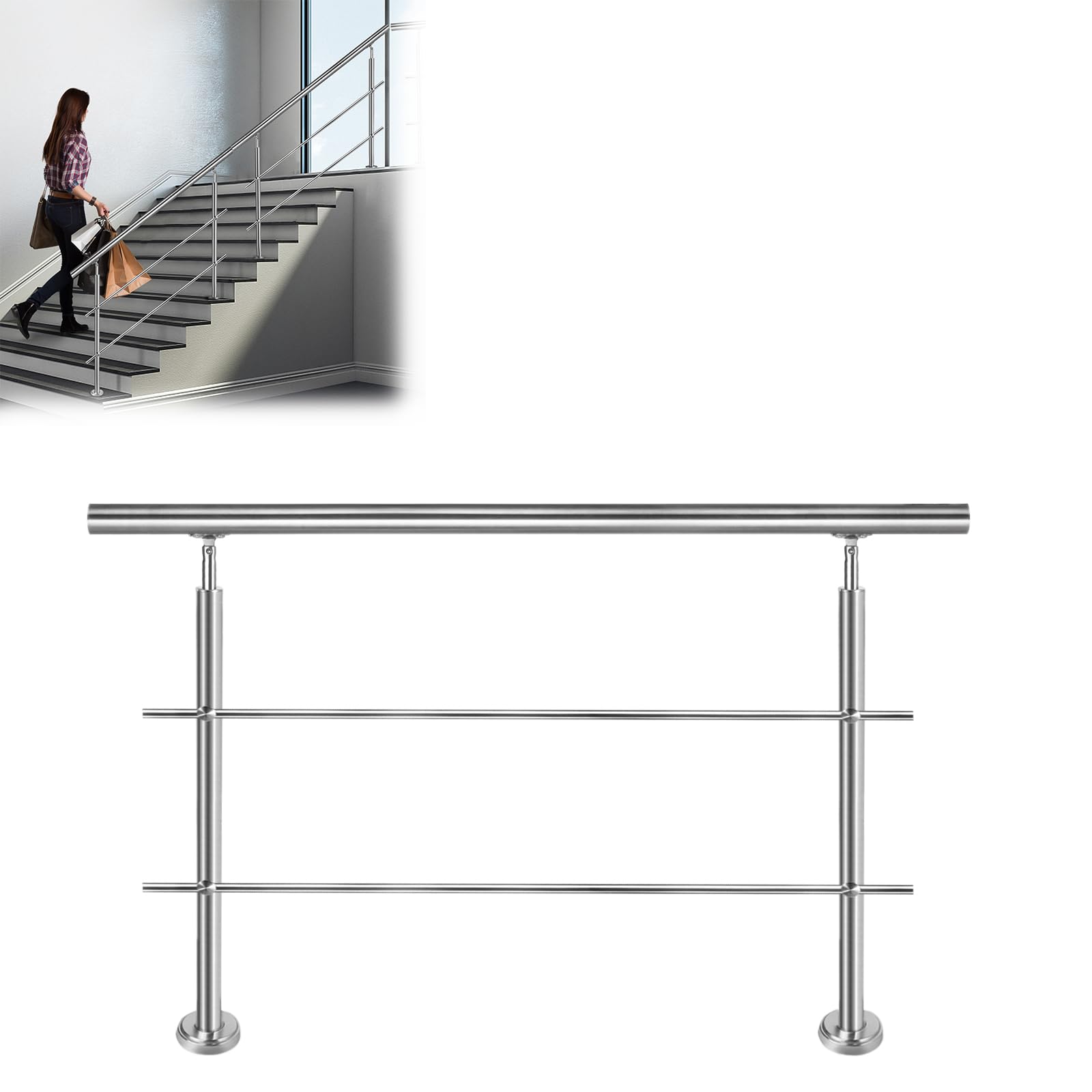 Corrimano in acciaio inox esterno per scale, ringhiera per scale, balcone, giardino (150 cm, 2 barre trasversali)