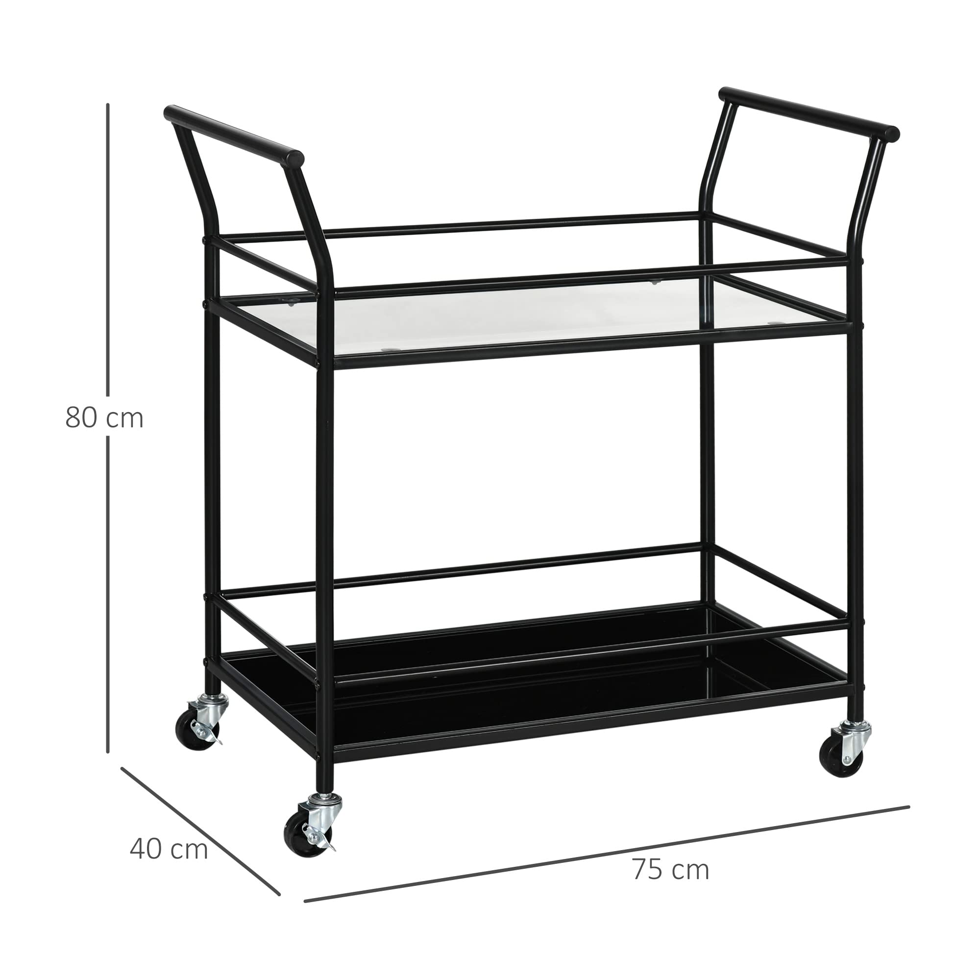 HOMCOM Carrello da Cucina a 2 Livelli con Piani in Vetro Temperato, 4 Rotelle e Struttura in Metallo, 75x40x80 cm, Nero