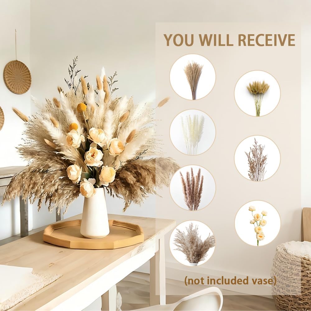 89 Pcs 17 Inch Yellow Dried Pampas Grass Bouquet with Champagne Faux Roses | Golden Ball Grass, Rustic Boho Table Centerpiece for Home Decor, Weddings and Events, No Vase Included