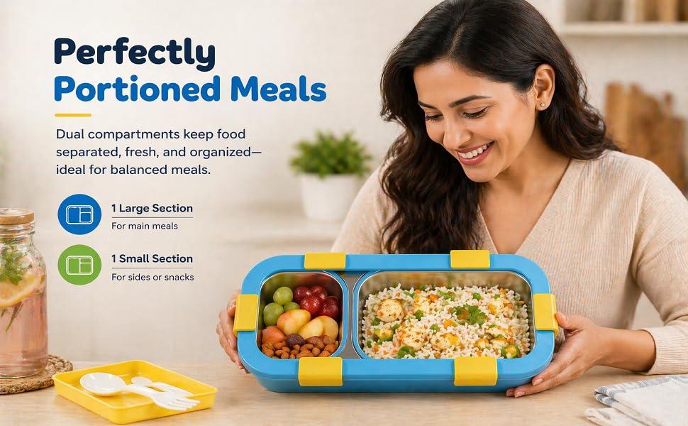 Image of Children's Stainless Steel Bento Lunch Box with 2 Compartments Durable Leakproof Reusable Tiffin Container for School, Daycare, Picnic, Travel & Outdoor Activities (BPA-Free Design)
