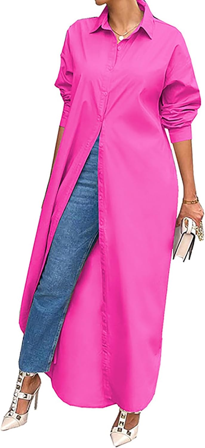 Remxi Shirt Dress for Women Casual Long Sleeve Solid Color Loose Button Down Maxi Dresses