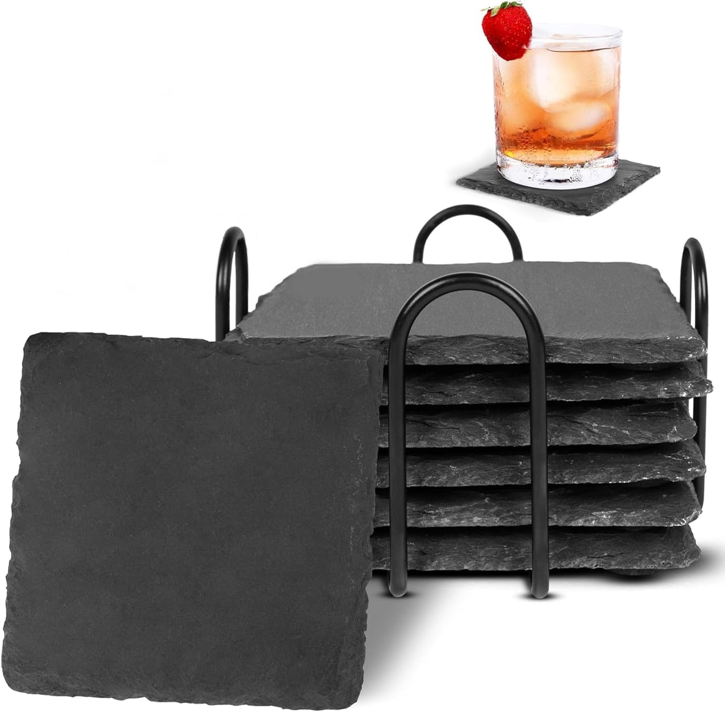 6 Pack Slate Coasters 4 Inch, Slate Coaster,4 Inch Black Stone Coasters Bulk Cup Handmade Coaster Set (Square)