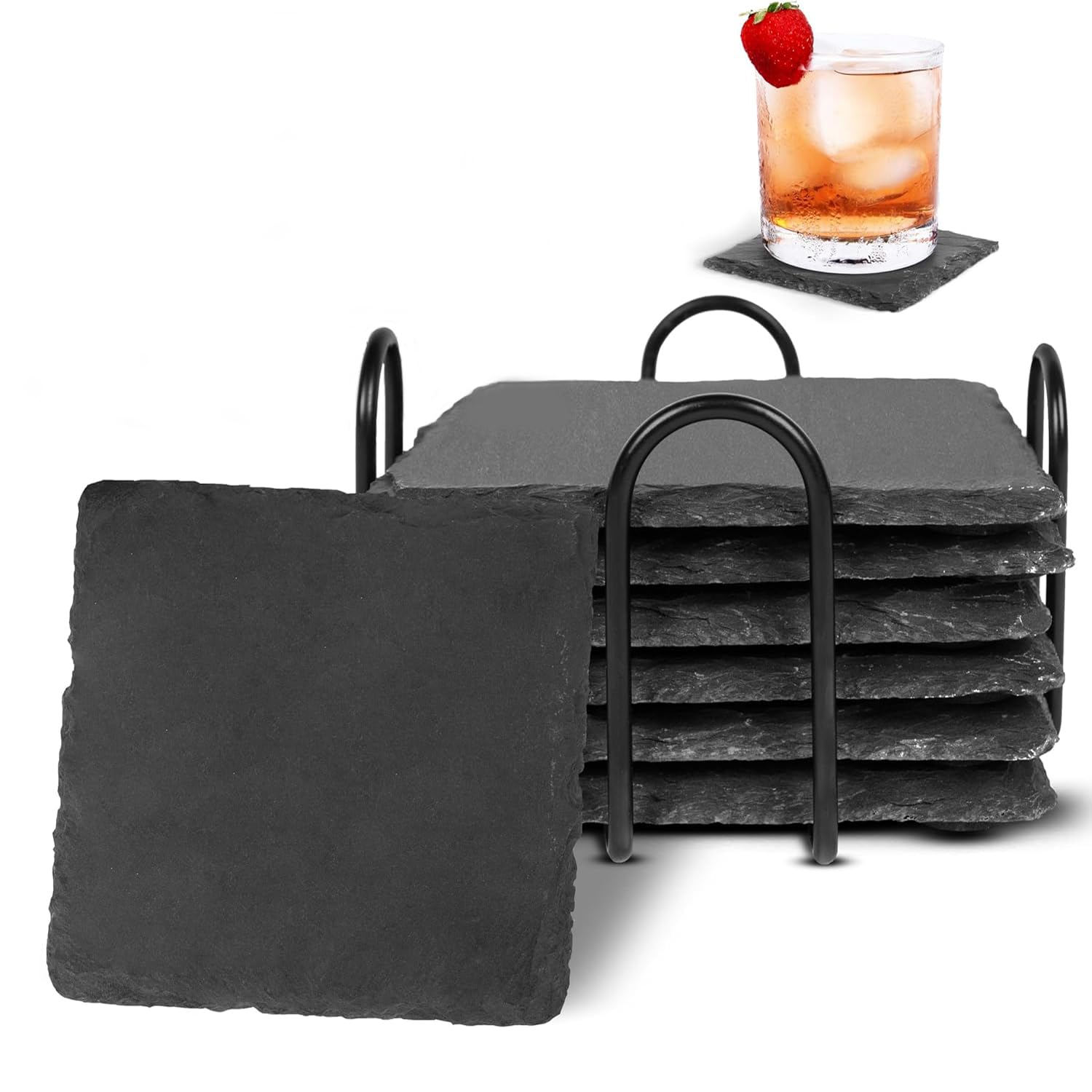 6 Pack Slate Coasters 4 Inch, Slate Coaster,4 Inch Black Stone Coasters Bulk Cup Handmade Coaster Set (Square)
