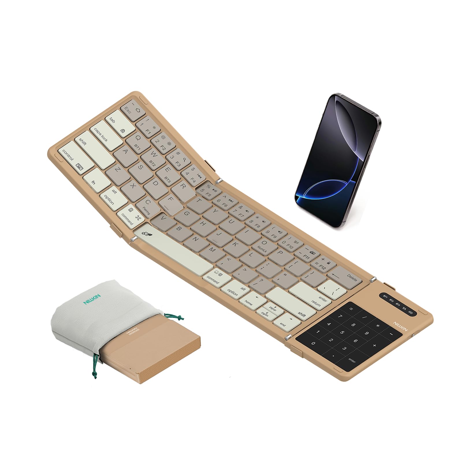Photo 1 of Nillkin Upgraded Foldable Bluetooth Keyboard with Touchpad & Number Pad, Portable Wireless Keyboard for Travel, Pocket-Sized, Full Size Keys, Support 3 Devices for iPad Laptop Tablets Phone, Khaki