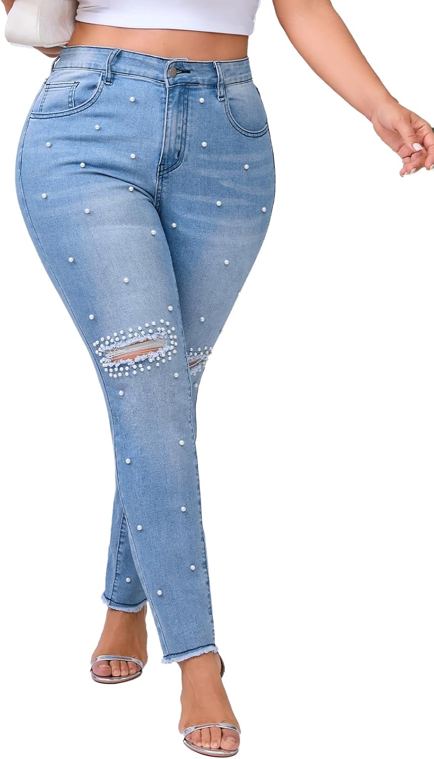 LifeShe Pearl Jeans for Women Skinny Stretchy Sexy Mid Rise Fringe Colombian Denim Pants with Embellished