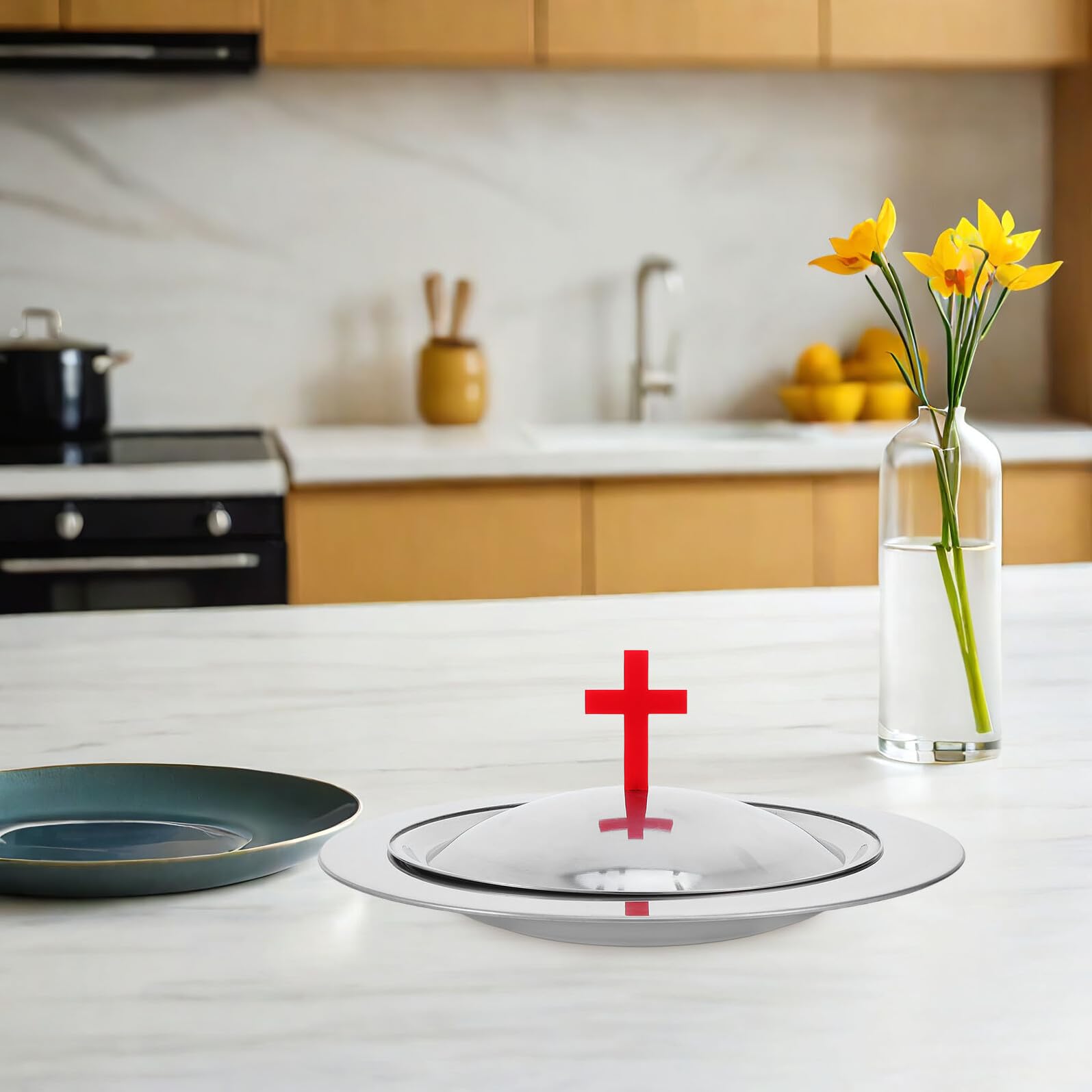OUNONA Kommunionteller aus Edelstahl 30cm mit Deckel Abendmahlsplatte für Kirche und Taufen Hygienisches Serviertablett für Kommunionbrot und Religiöse Feiern