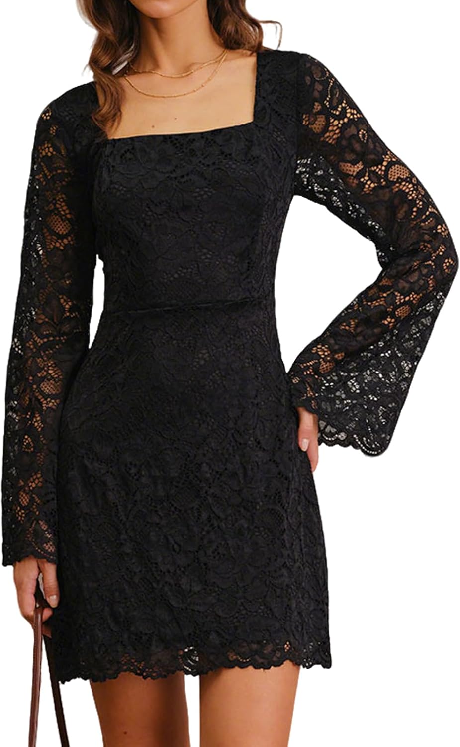 RIHOAS Black Lace Bell Sleeve A-Line Mini Dress - Women's Slim Cocktail Wedding Guest Party Club Spring Summer Dress