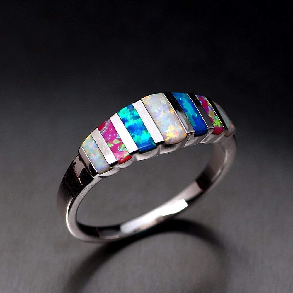 ChenFeng Eternity Rainbow Ring Wedding Band for Women | Plated Emerald-Cut Rainbow Multi Color Created-Gemstone Eternity Ring (7)