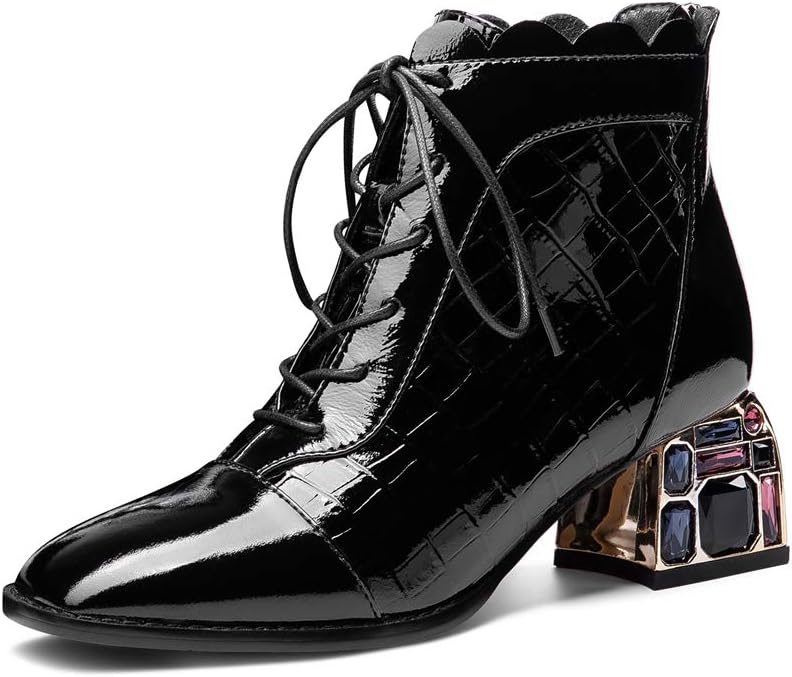 TinaCus Women's Glossy Patent Leather Handmade Colorful Crystal Mid Chunky Heel Round Toe Back Zipper Ankle Boots with Selftie