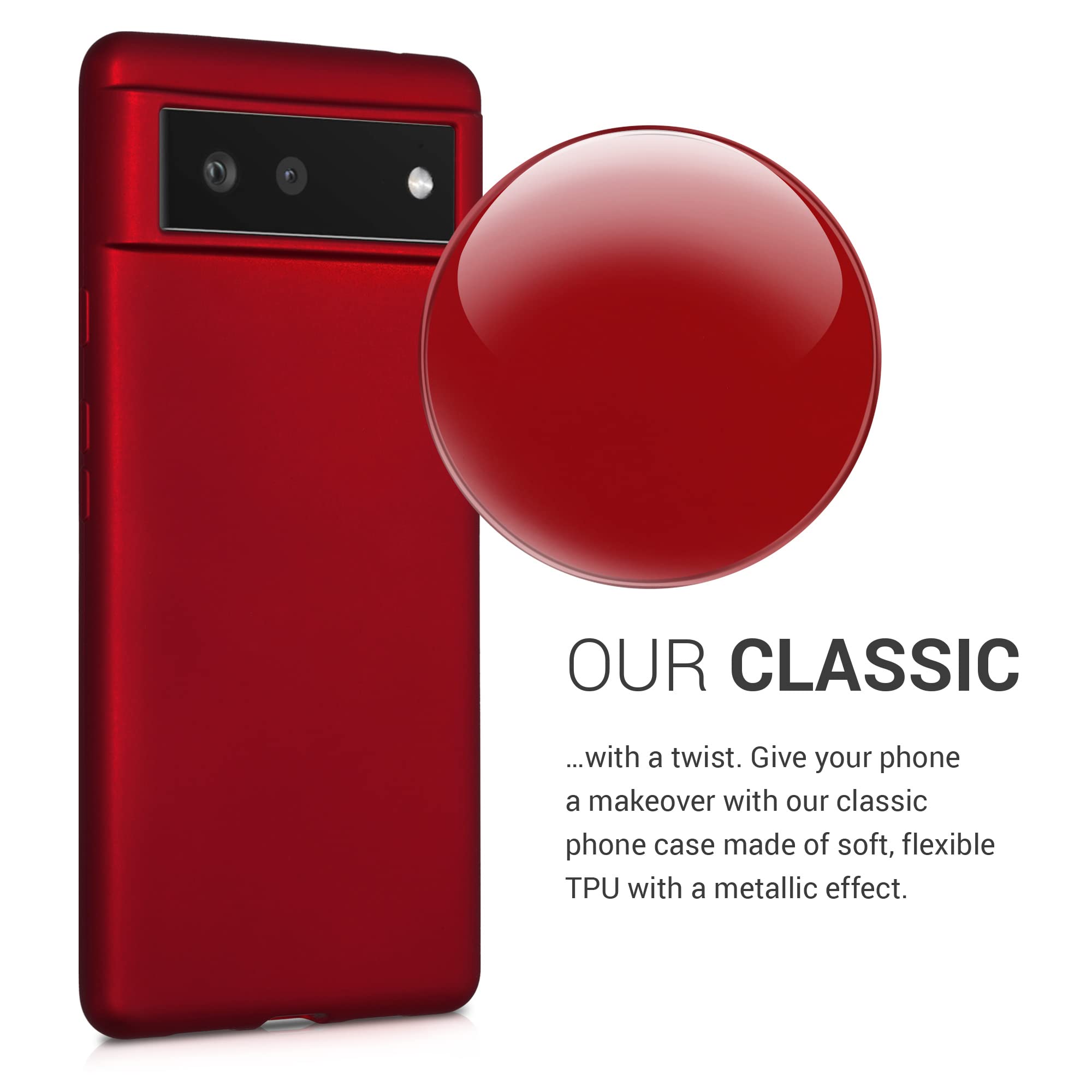 kwmobile Case for Google Pixel 6 Case - Soft Slim Metallic TPU Silicone Cover - Metallic Dark Red - Image 3