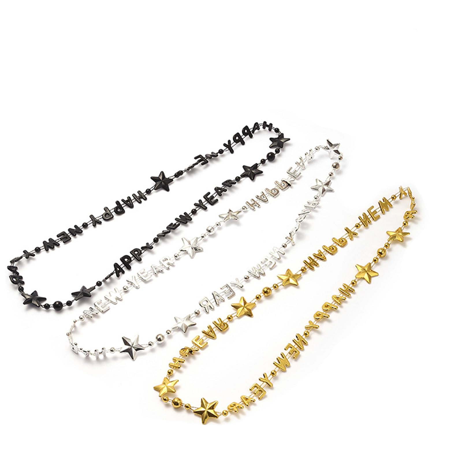 TbayPack of 6 Happy New Year Eve 2025 Assorted Gold Black Silver Color Party Bead Necklaces for New Year's Eve Party Gift